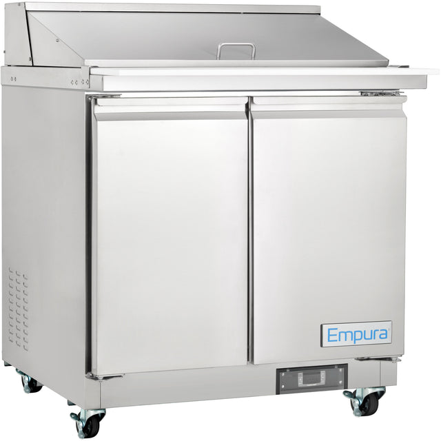 A commercial stainless steel Empura refrigerated sandwich prep table with two doors, a raised back, white worktop, and wheels for mobility. Features Empura refrigeration and sports a blue Empura logo on the lower front right.