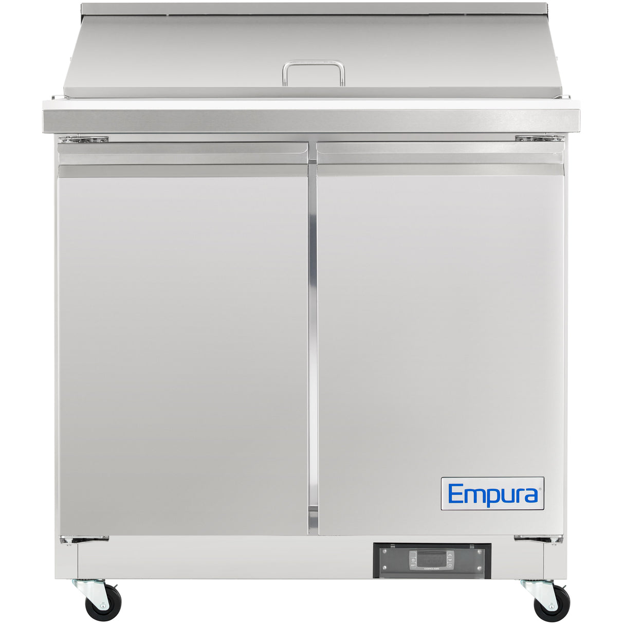 A stainless steel Empura refrigeration sandwich prep table on four black caster wheels, featuring two front doors with a horizontal handle and the Empura name in blue. The flat metal lid covers the top, ideal for use as a salad mega top prep table.
