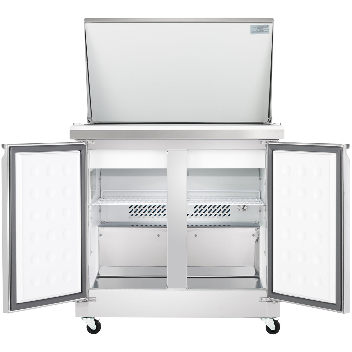 An Empura refrigeration unit is shown with both front doors and the top lid open. The interior is empty, with shelves and a ventilated back panel. This refrigerated sandwich prep table is on wheels, and its exterior surfaces appear clean and polished.