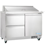 A large stainless steel Empura refrigeration unit with two drawers on the left, a door on the right, a flat top, and a lift-up lid. This mega top prep table sits on caster wheels and features the “Empura” logo on the lower right corner.