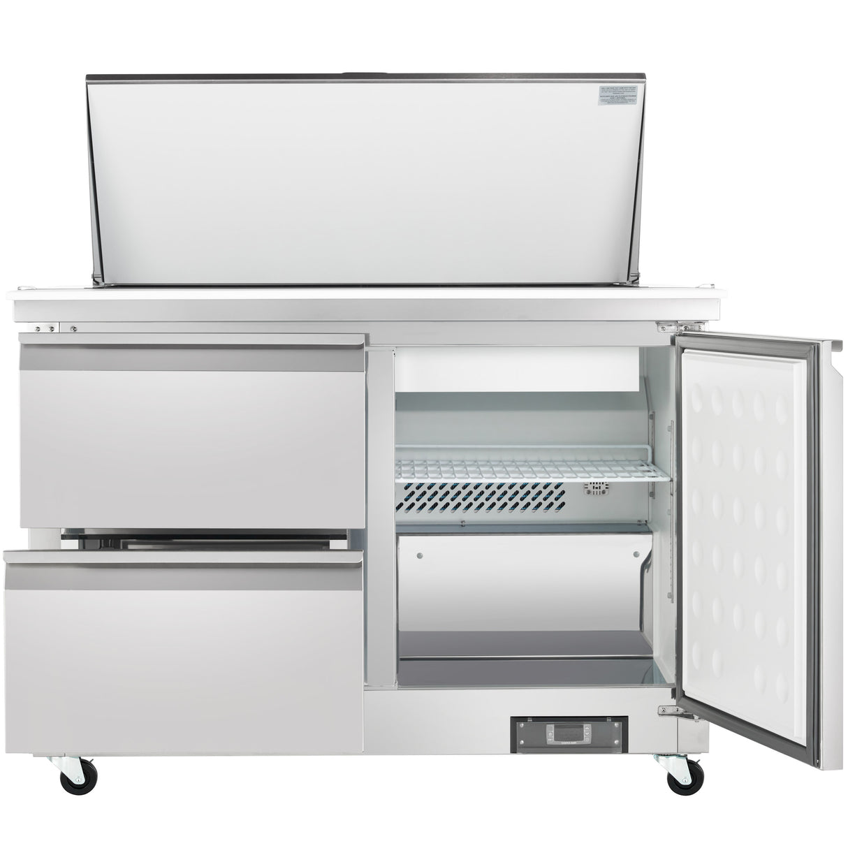 A commercial Empura refrigeration mega top prep table with two drawers on the left and a single door on the right, all open to reveal empty storage space. It sits on wheels and has a raised lid above, showcasing an upper compartment.
