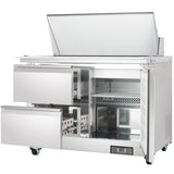 A commercial stainless steel refrigerated sandwich prep table with two pull-out drawers, a side door revealing shelves, and a top lid lifted up. The unit is on wheels and features digital temperature controls on the lower right front panel.