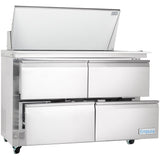 A stainless steel Empura refrigeration unit with four doors and a top section that opens upward, revealing a refrigerated sandwich prep table. The appliance is set on small green wheels and displays the Empura brand name on the lower right door.