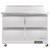 A commercial Empura refrigeration mega top prep table with four doors, a flat top, and a raised covered compartment. The unit is on wheels, featuring the Empura brand logo and a digital control panel near the base.