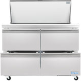 A stainless steel Empura refrigeration mega top prep table with four drawers, a flat worktop, and an open top compartment. The unit is on wheels, features the Empura brand label, and displays a clean, modern design.