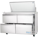 A stainless steel Empura refrigeration mega top prep table with a top lid open, showing interior storage space and two rows of wide doors below. The unit is on small wheels for mobility, and the Empura brand is labeled on the lower right door.