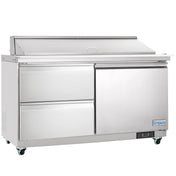 A commercial Empura refrigerated sandwich prep table with two left-side drawers, a right door, flat work surface with raised back, overhanging lid, and four wheels. This Empura refrigeration unit is ideal for efficient sandwich or salad prep.