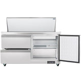 A commercial Empura refrigeration unit with two pull-out drawers on the left and an open right-side door revealing a shelf inside. The top lid is open, similar to a salad mega top prep table. The unit stands on small wheels.