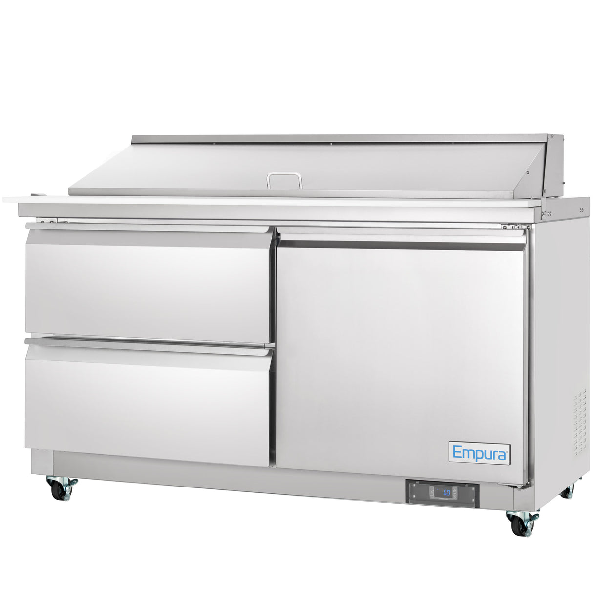 A commercial refrigerated sandwich prep table with two large drawers and a single door, set on caster wheels. The unit features a raised back for ingredient storage, a closed lid, and displays the Empura refrigeration brand name on the lower right.