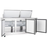 A commercial stainless steel refrigerated sandwich prep table with two top lids open and two front doors wide, revealing spacious, clean interior shelves and compartments. Ideal for commercial kitchen refrigeration, the unit is on wheels for easy mobility.