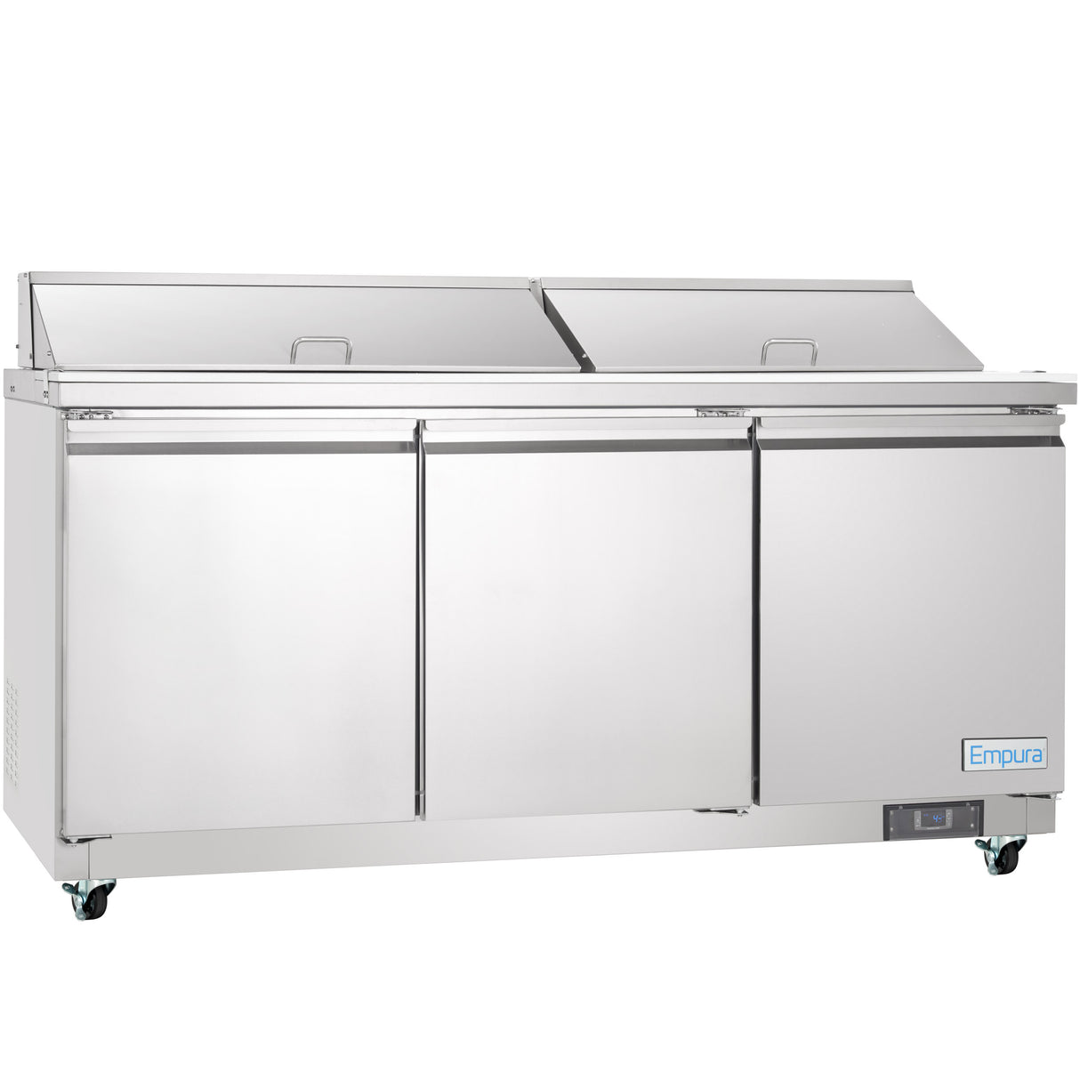 A large, NSF-7 certified commercial refrigeration unit with three front doors and two lift-up lids on top. The stainless steel design is sleek and industrial, featuring wheels for mobility and a blue Empura logo on the lower right corner.