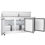 A commercial refrigeration unit with two open top lids and wide front doors reveals empty, clean shelving inside. This sleek, modern refrigerator is on wheels for mobility and is NSF-7 certified for reliable, professional kitchen use.
