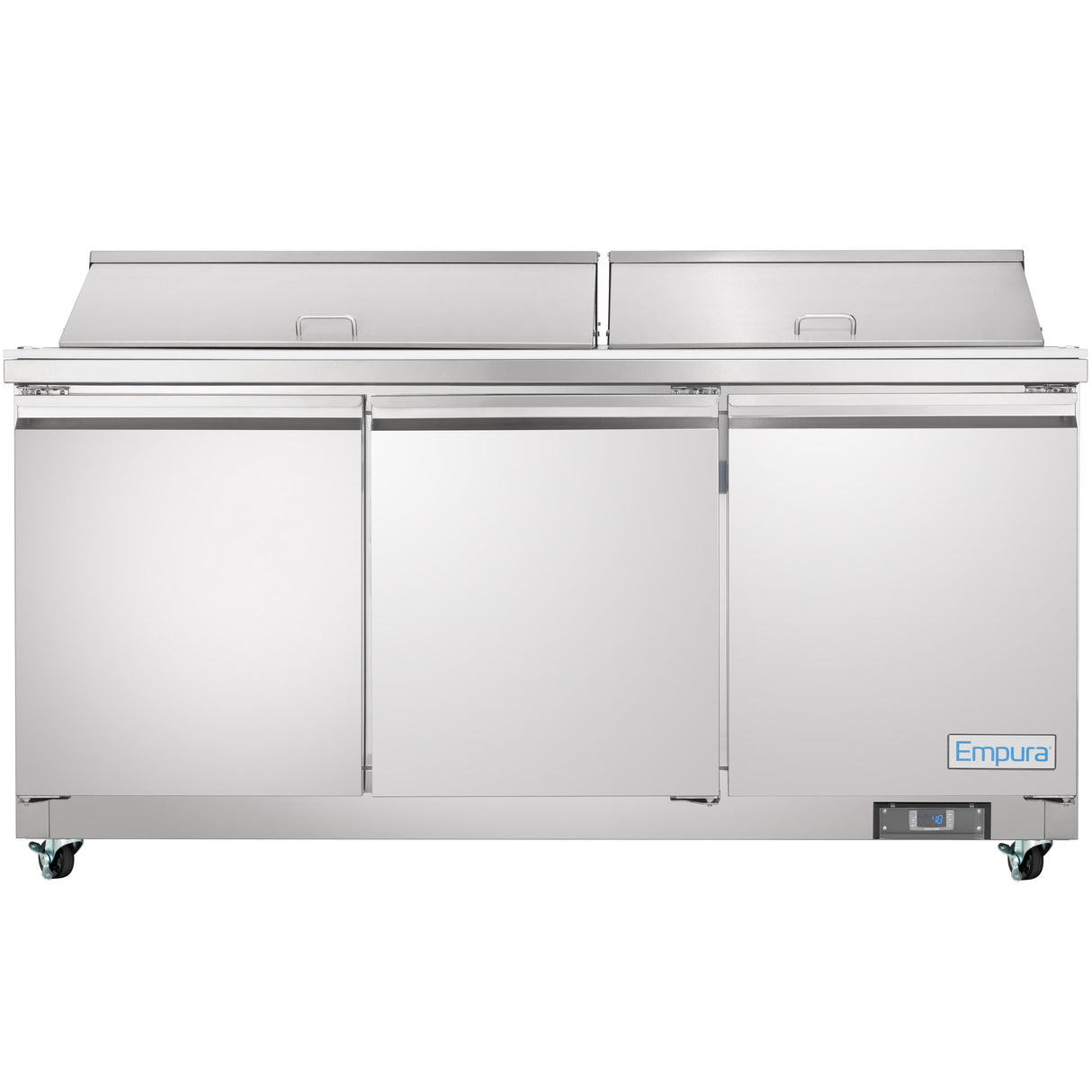 A commercial refrigeration unit with three front doors, two top-lifting lids, and small wheels for mobility. The Empura brand appears on a panel at the bottom right corner. This NSF-7 certified appliance features a clean, modern design.