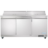 A commercial refrigeration unit with three front doors, two top-lifting lids, and small wheels for mobility. The Empura brand appears on a panel at the bottom right corner. This NSF-7 certified appliance features a clean, modern design.