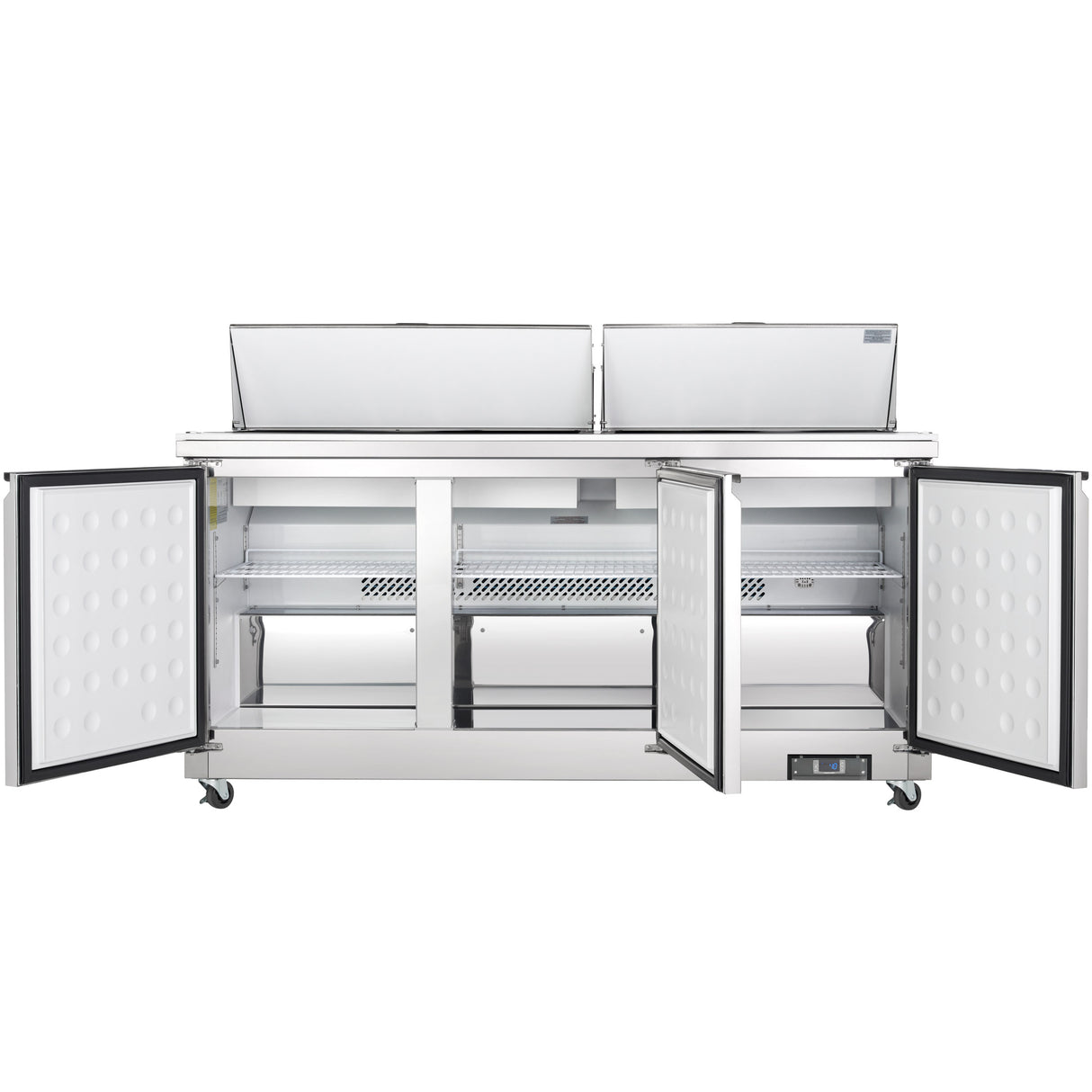 A large commercial refrigeration unit, this refrigerated sandwich prep table features two open top lids and two front doors revealing interior shelves. NSF-7 certified, the unit includes wheels for mobility and a control panel on the lower right side.