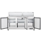 A large commercial refrigeration unit, this refrigerated sandwich prep table features two open top lids and two front doors revealing interior shelves. NSF-7 certified, the unit includes wheels for mobility and a control panel on the lower right side.