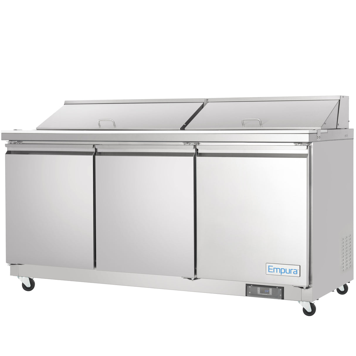 A large, commercial stainless steel NSF-7 certified refrigeration unit with three doors and two top lids, set on wheels. The unit is clean and shiny, with the brand name Empura visible on the lower right corner.