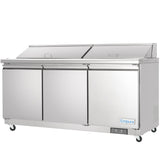 A large, commercial stainless steel NSF-7 certified refrigeration unit with three doors and two top lids, set on wheels. The unit is clean and shiny, with the brand name Empura visible on the lower right corner.