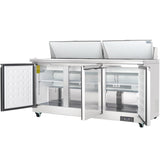 A commercial refrigeration unit with three transparent doors open, showing empty shelves inside. The top has two lids lifted, revealing compartments for food storage. NSF-7 certified and on wheels, it’s perfect for professional kitchens or food prep areas.