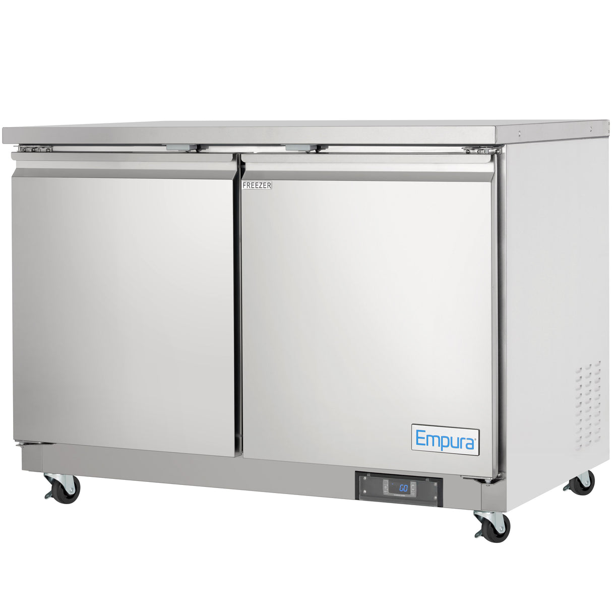 The Empura E-KUC48F is a stainless steel undercounter reach-in freezer with two doors, mounted on four caster wheels. The front features a digital display, ventilation grilles on the right, and an Empura logo on the lower right corner.