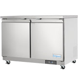 The Empura E-KUC48F is a stainless steel undercounter reach-in freezer with two doors, mounted on four caster wheels. The front features a digital display, ventilation grilles on the right, and an Empura logo on the lower right corner.