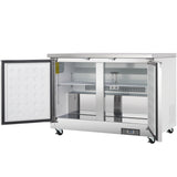 The Empura E-KUC48F is a stainless steel undercounter reach-in freezer with two doors that open to adjustable wire shelves. This commercial freezer features wheels for mobility, a digital control panel, and a flat countertop surface.