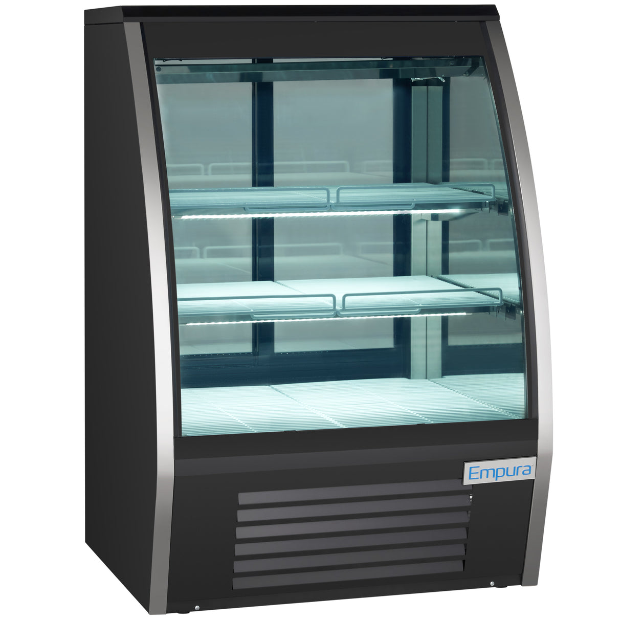 A curved glass display case with two interior shelves, white interior, and black exterior. This Empura Refrigeration unit is empty, labeled at the bottom right corner, and fluorescent lights illuminate the shelves inside.