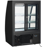 A commercial black Empura Refrigeration display case with two sliding glass doors, interior shelves, and a visible cooling unit below. The empty case features an external digital control panel on the lower right front. Ideal as a Refrigerated Deli Display Case.