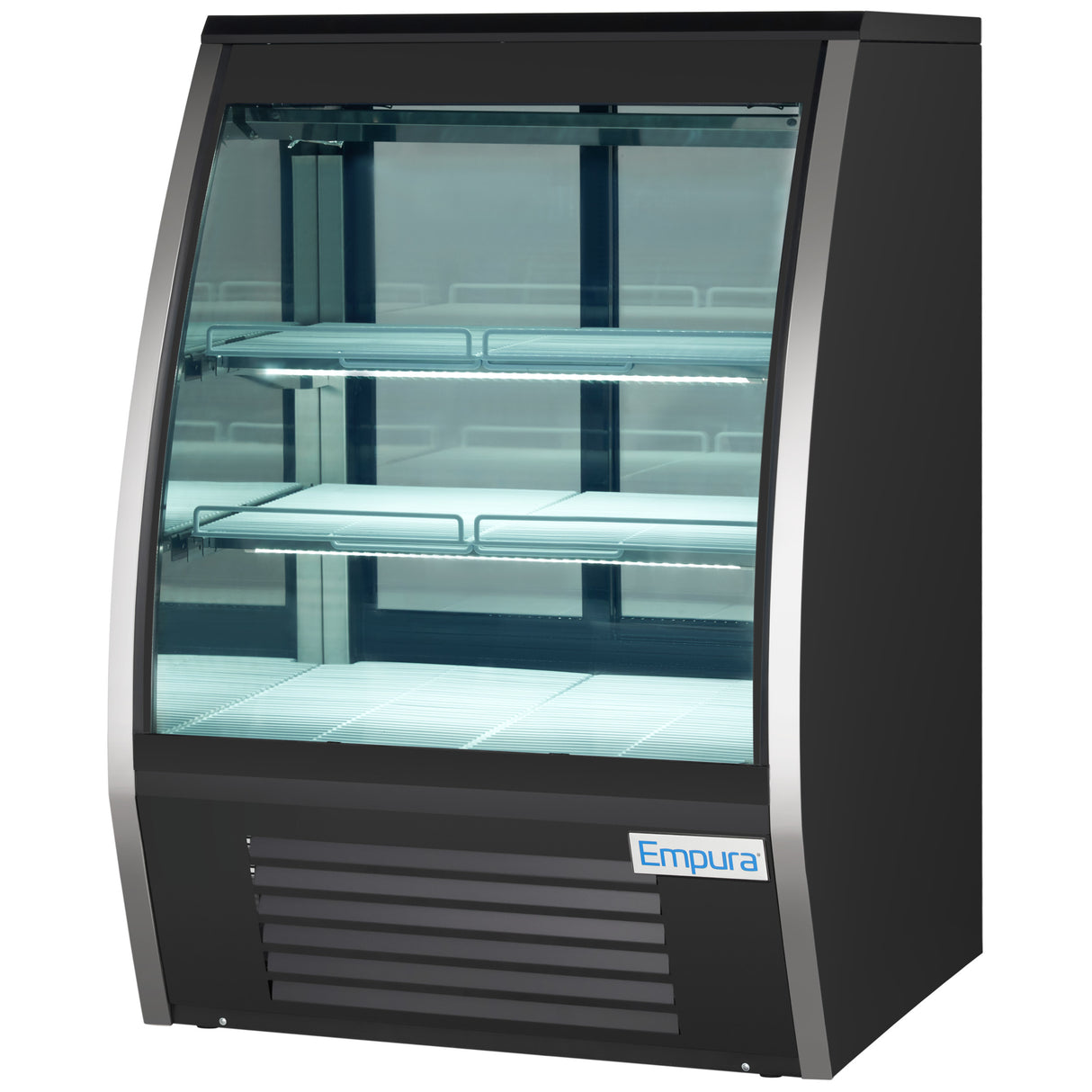 A curved glass display case by Empura Refrigeration features a black exterior, silver trim, two LED-lit glass shelves, and a vented base. The Empura brand name is visible on the lower right of this refrigerated deli display case.