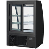 A commercial Empura Refrigeration display refrigerator with a black frame, two sliding glass doors, three shelves, and a visible cooling unit at the base—perfect as a Refrigerated Deli Display Case for showcasing food or beverages. Photographed against white background.