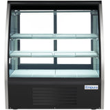 A commercial refrigerated deli display case with glass front and sides, three white metal shelves, a black base, and the Empura refrigeration brand on the lower right corner. The interior is empty, well-lit, and perfect for showcasing food items.