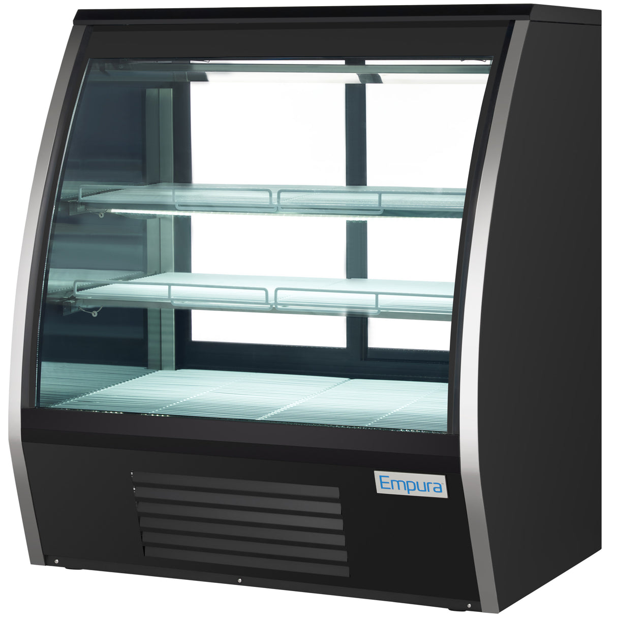 A black refrigerated deli display case with curved glass, two metal shelves, and a bottom cooling vent. The empty, well-lit case features the “Empura” logo on the lower right front panel. The background is white.