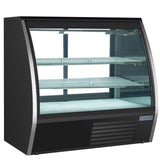 A black Empura Refrigeration deli display case with a curved glass front, two wire shelves, and a bottom cooling vent. The illuminated interior is empty, and a small blue Empura logo appears on the lower right corner.