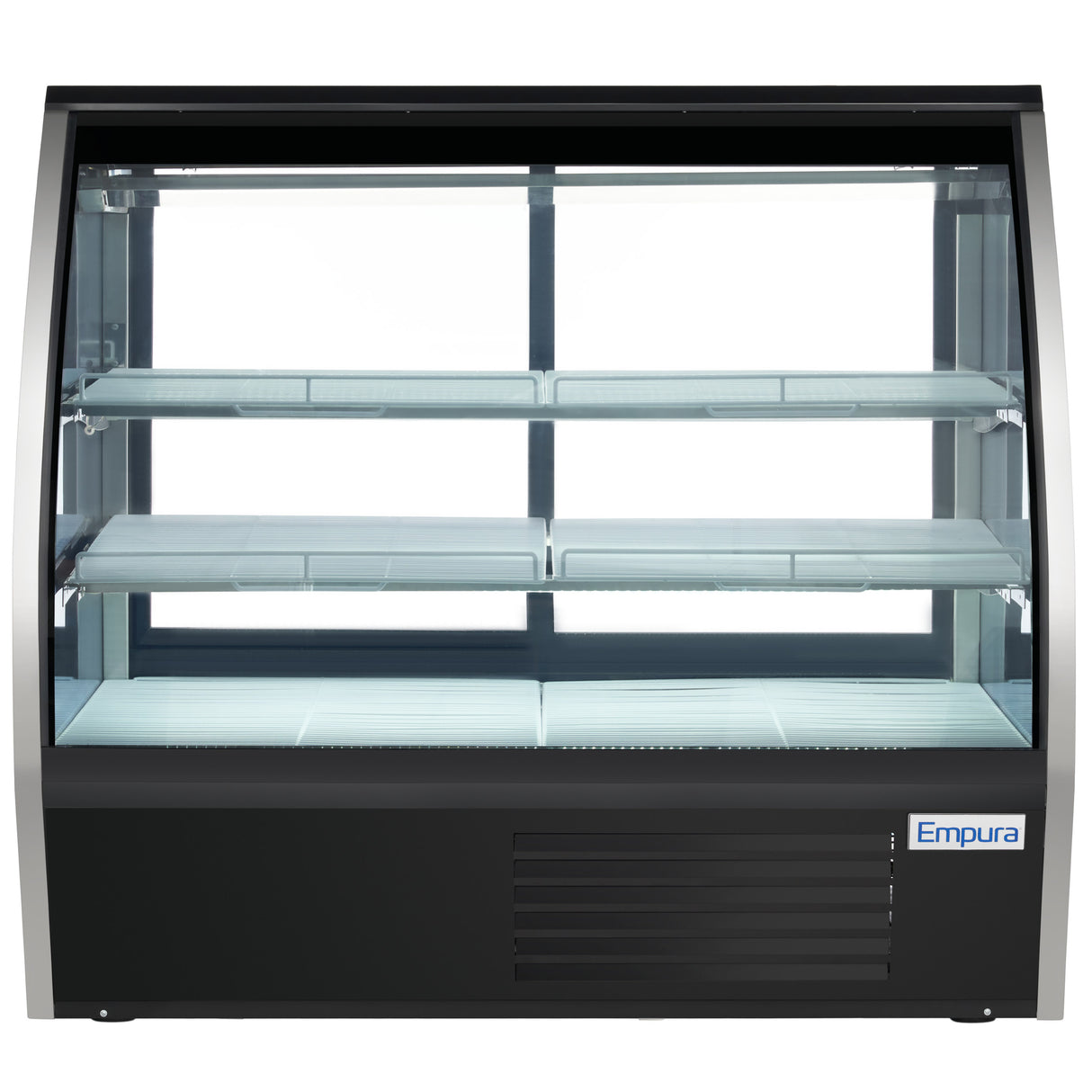 This Empura Refrigeration deli display case features a curved glass front, three metal shelves, and a sleek black base. The interior is empty and well-lit, with clear glass panels and the “Empura” brand visible on the lower right corner.