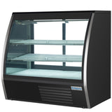 A commercial refrigerated deli display case with a curved glass front, two interior shelves, and a sleek black exterior. The Empura Refrigeration brand name is visible on the lower right corner. The case appears empty and is well-lit inside.