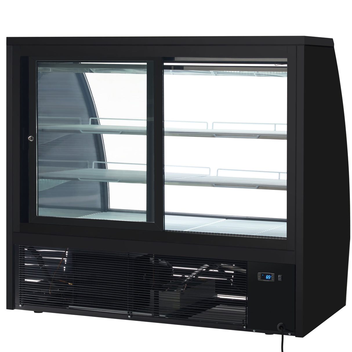 A commercial Empura refrigeration deli display case with a black frame, two sliding glass doors, and three white shelves. The vented lower panel shows cooling components, while a digital temperature display is on the front. Plugged in and ready for use.