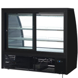 A commercial Empura refrigeration deli display case with a black frame, two sliding glass doors, and three white shelves. The vented lower panel shows cooling components, while a digital temperature display is on the front. Plugged in and ready for use.
