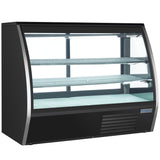 A commercial Empura Refrigeration curved glass display case with two glass shelves and a sleek black metal exterior. The interior is empty, featuring bottom ventilation grilles and the Empura label visible on the lower right corner.