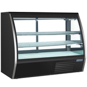 A commercial Empura Refrigeration curved glass display case with two glass shelves and a sleek black metal exterior. The interior is empty, featuring bottom ventilation grilles and the Empura label visible on the lower right corner.