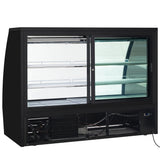 A black Empura Refrigeration commercial refrigerated deli display case with sliding glass doors. The interior has multiple glass shelves, and the lower section houses the cooling unit and ventilation grilles. The case is empty, clean, and ready for use.