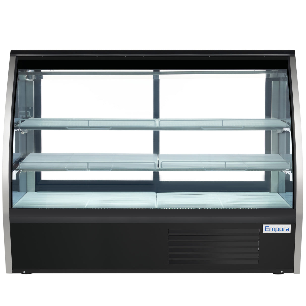 A large, empty refrigerated deli display case with a curved glass front, two interior glass shelves, and a black base. The brand name Empura appears on the lower right corner. LED interior lighting illuminates the clean white shelving and back panel.