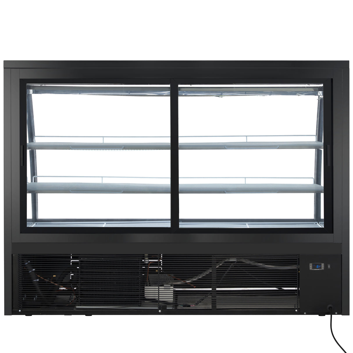 A large, black refrigerated deli display case with glass sliding doors, two interior shelves, and visible cooling components at the bottom. The well-lit Empura Refrigeration unit is empty, facing forward against a white background.