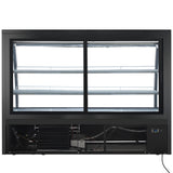 A large, black refrigerated deli display case with glass sliding doors, two interior shelves, and visible cooling components at the bottom. The well-lit Empura Refrigeration unit is empty, facing forward against a white background.