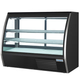 A large, black refrigerated deli display case with a curved glass front, LED interior lighting, three white shelves, and an Empura logo on the lower right. The spacious case is empty and perfect for showcasing chilled food items in a commercial setting.