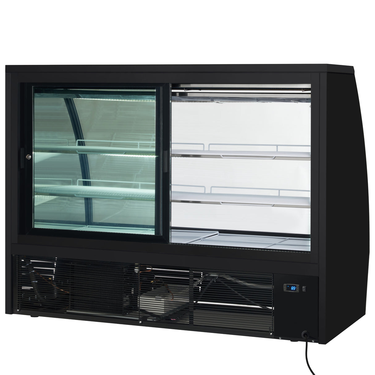 A black refrigerated deli display case with sliding glass doors and empty glass shelves. The lower front panel reveals cooling components, while an electrical cord at the bottom right and LED interior lighting highlight its powered design.