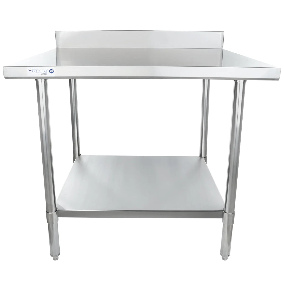 A stainless steel NSF work table with a raised backsplash, four sturdy legs, and an undershelf. The table is clean and empty, with the Empura brand name on the front left corner. It is set against a plain white background.
