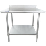 A stainless steel NSF work table with a raised backsplash, four sturdy legs, and an undershelf. The table is clean and empty, with the Empura brand name on the front left corner. It is set against a plain white background.