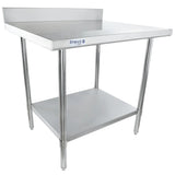 This NSF stainless steel work table features a backsplash, four cylindrical legs, an undershelf for extra storage, and the Empura brand logo on the front edge. The smooth, flat surface is set against a white background.