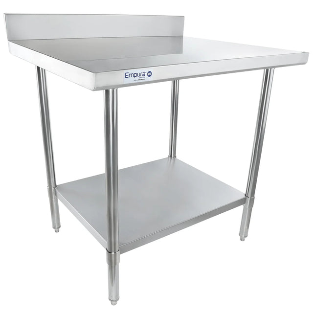 This NSF stainless steel work table features a backsplash, four cylindrical legs, an undershelf for extra storage, and the Empura brand logo on the front edge. The smooth, flat surface is set against a white background.