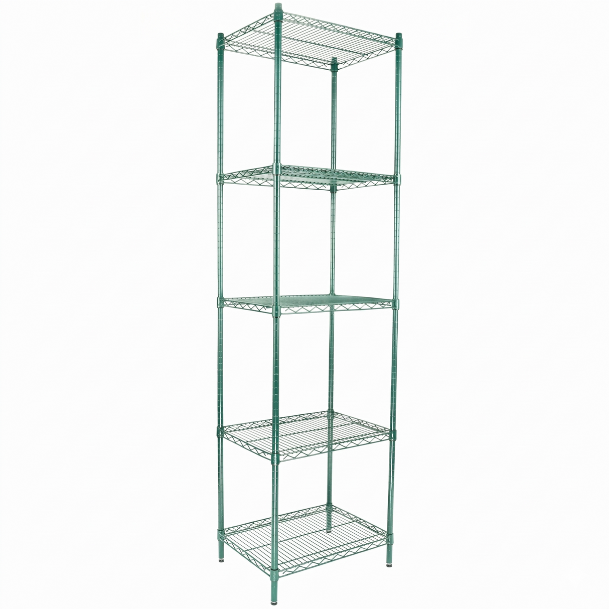 A tall, green epoxy-coated metal shelving unit with five evenly spaced shelves, supported by four vertical poles, stands against a plain white background. The open NSF design allows visibility through the shelves.